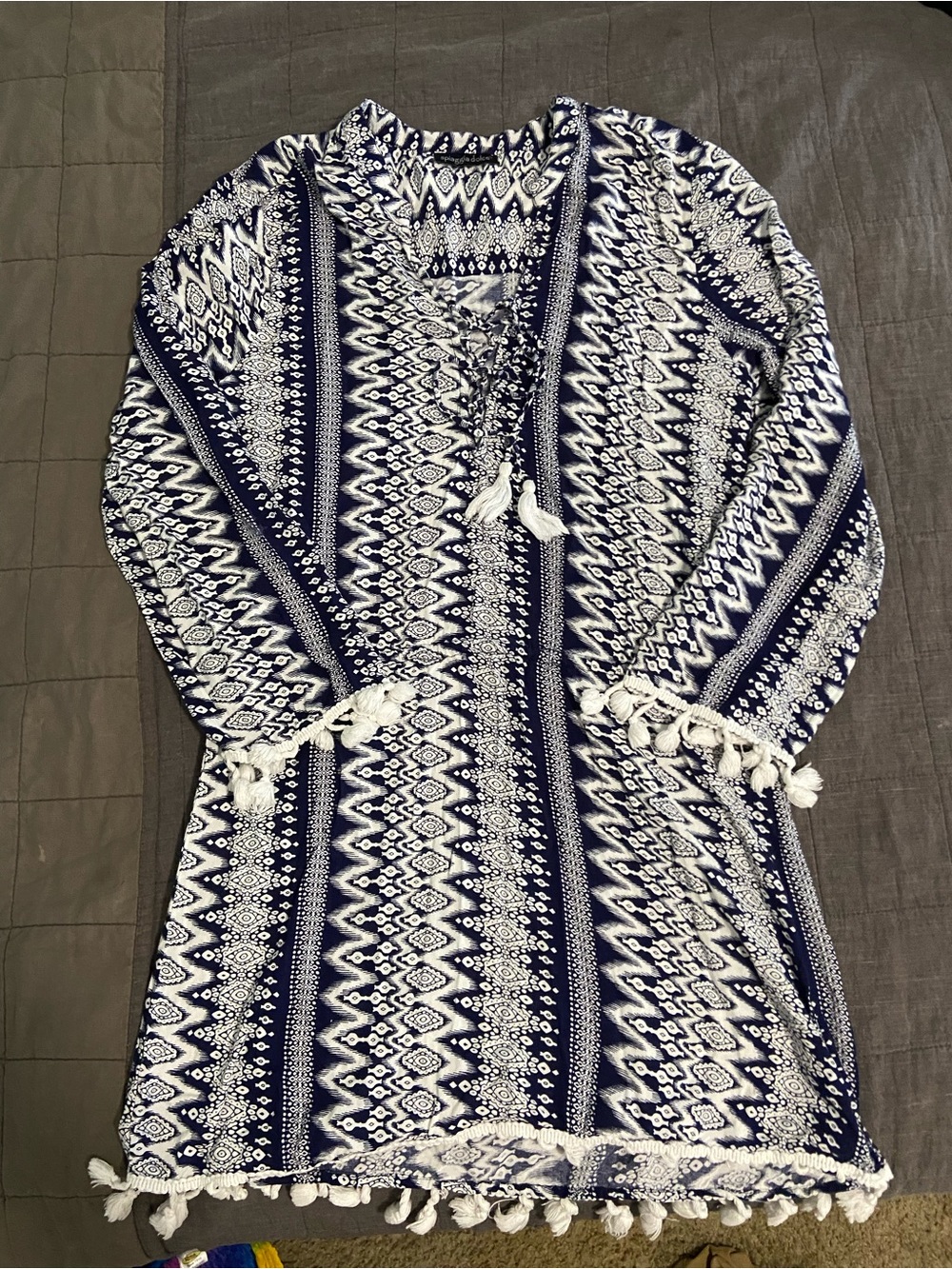 White & Navy Rayon Printed Top - Casual Boho Pattern